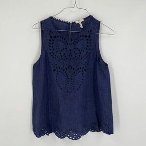 Joie Women’s Eyelet Blue Crew Neck Sleeveless Linen Blouse